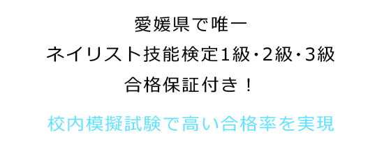 愛媛県で唯一ネイリスト技能検定1級・2級・3級合格保証付き！校内模擬試験で高い合格率を実現